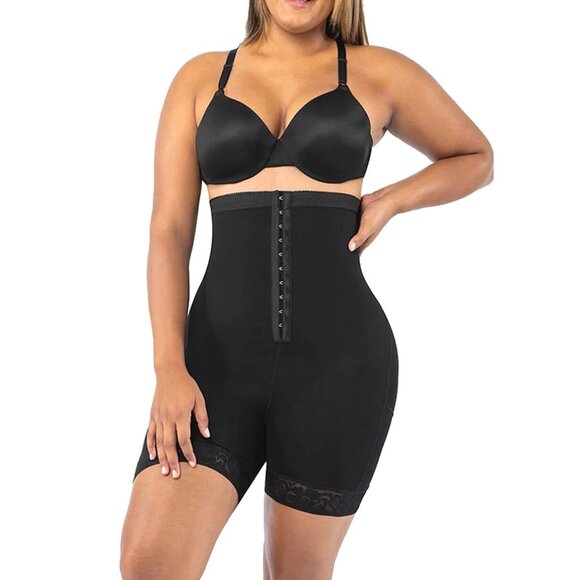 🖤 Contouring High-Waist Hook & Eye Front Sculpting Shapewear Shorts – Lace Trim - Picture 1 of 8